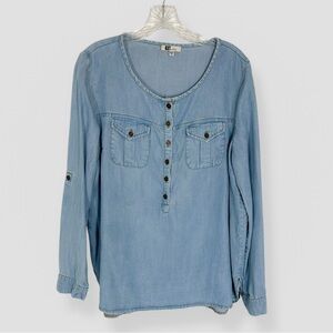 Kut From The Kloth Blue Chambray Roll Tab Sleeve Size Small Denim Casual Coastal